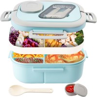3-Layer Leak-Proof Bento Lunch Box for Adults & Kids, Portable Stackable Food Storage Container with Compartments, Spork & Sauce Cup – Microwave & Dishwasher Safe Model 9038 